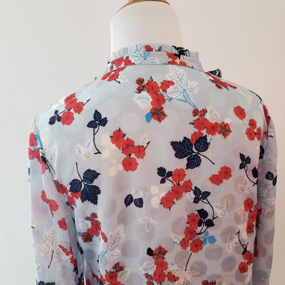 Zara Keyhole Neck Ruffle Trim Blouse Blue Floral Long Sleeve XS - Picture 5 of 10